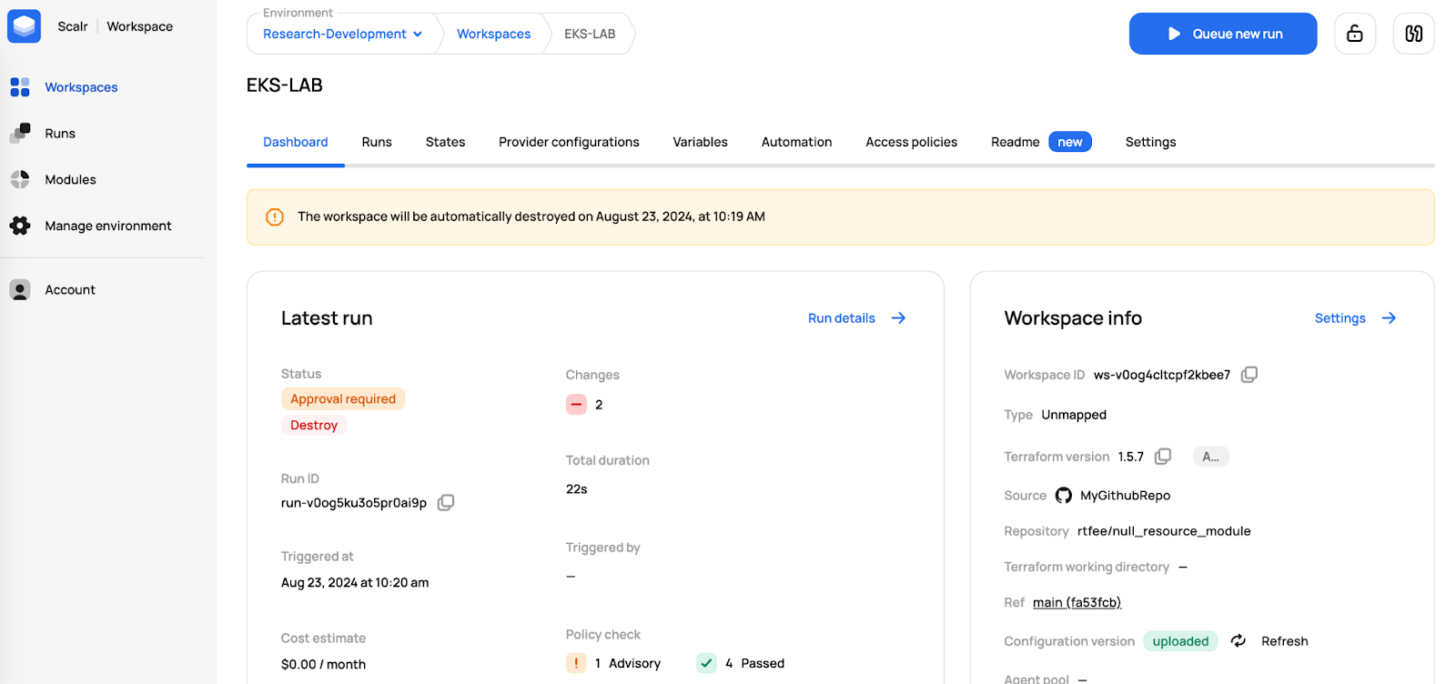 Scalr's Workspace Dashboard