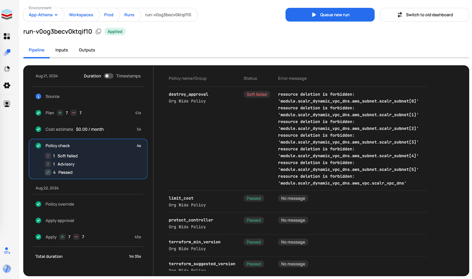 Scalr run pipeline dashboard showing plan, policy check, and apply stages for a Terraform run