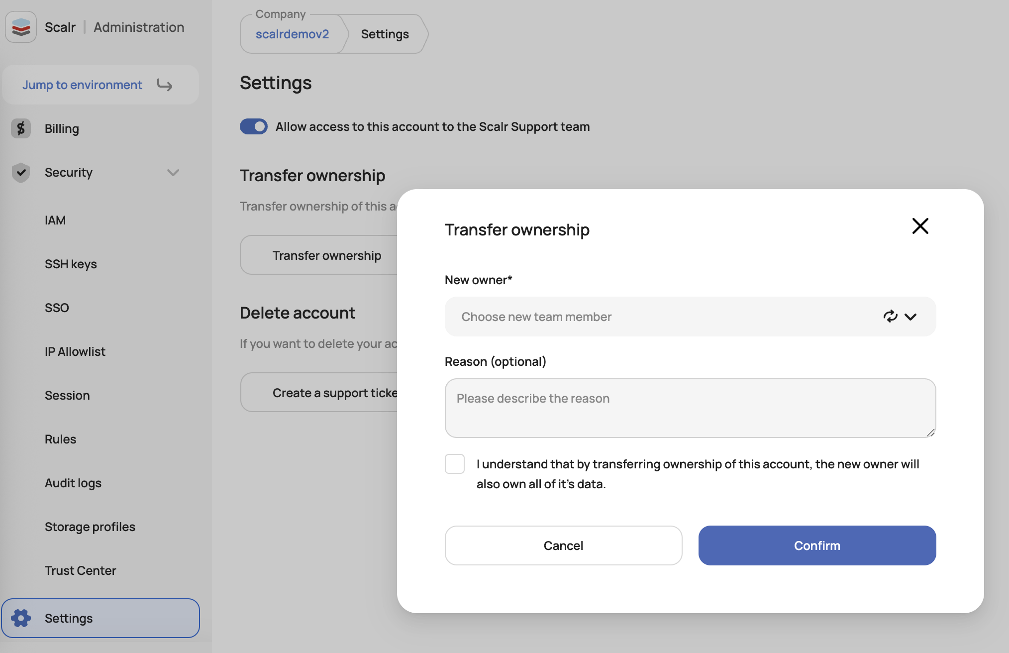 Transfer account ownership dropdown in Scalr account settings