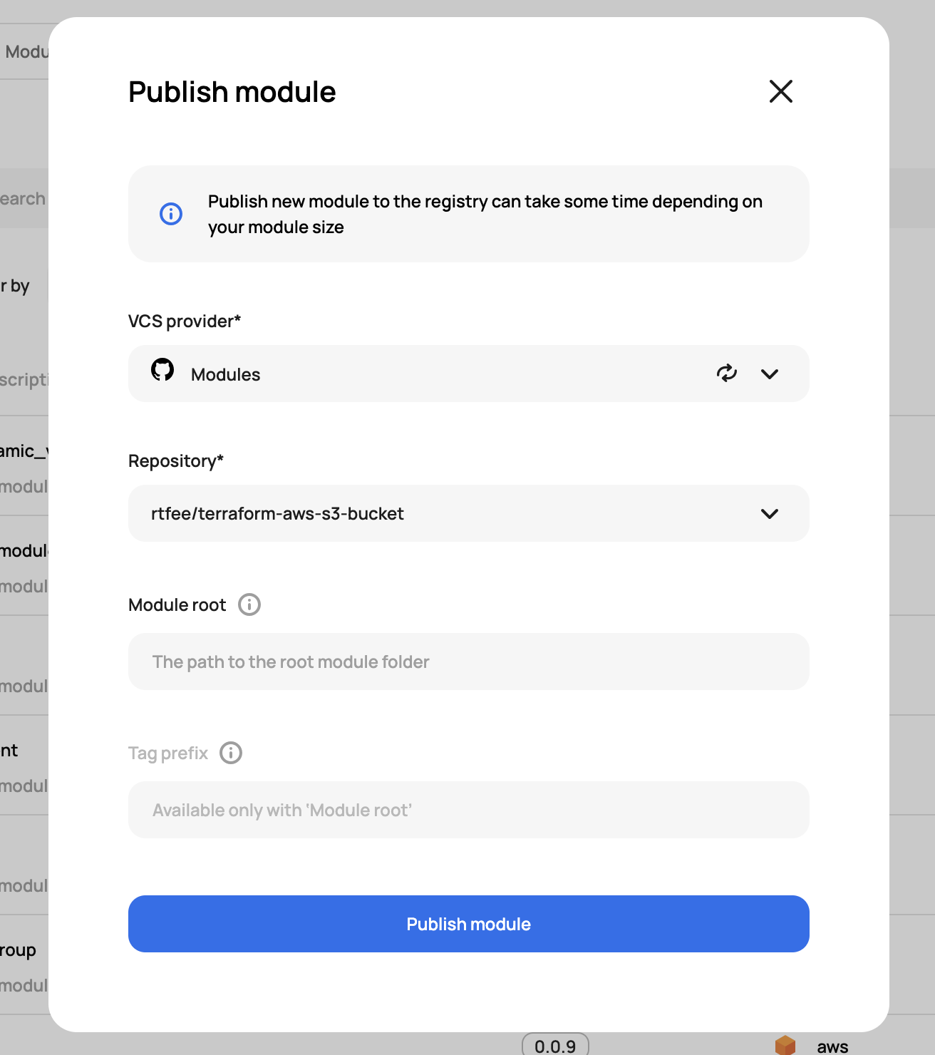 Publishing a module in Scalr by selecting the VCS provider and repository