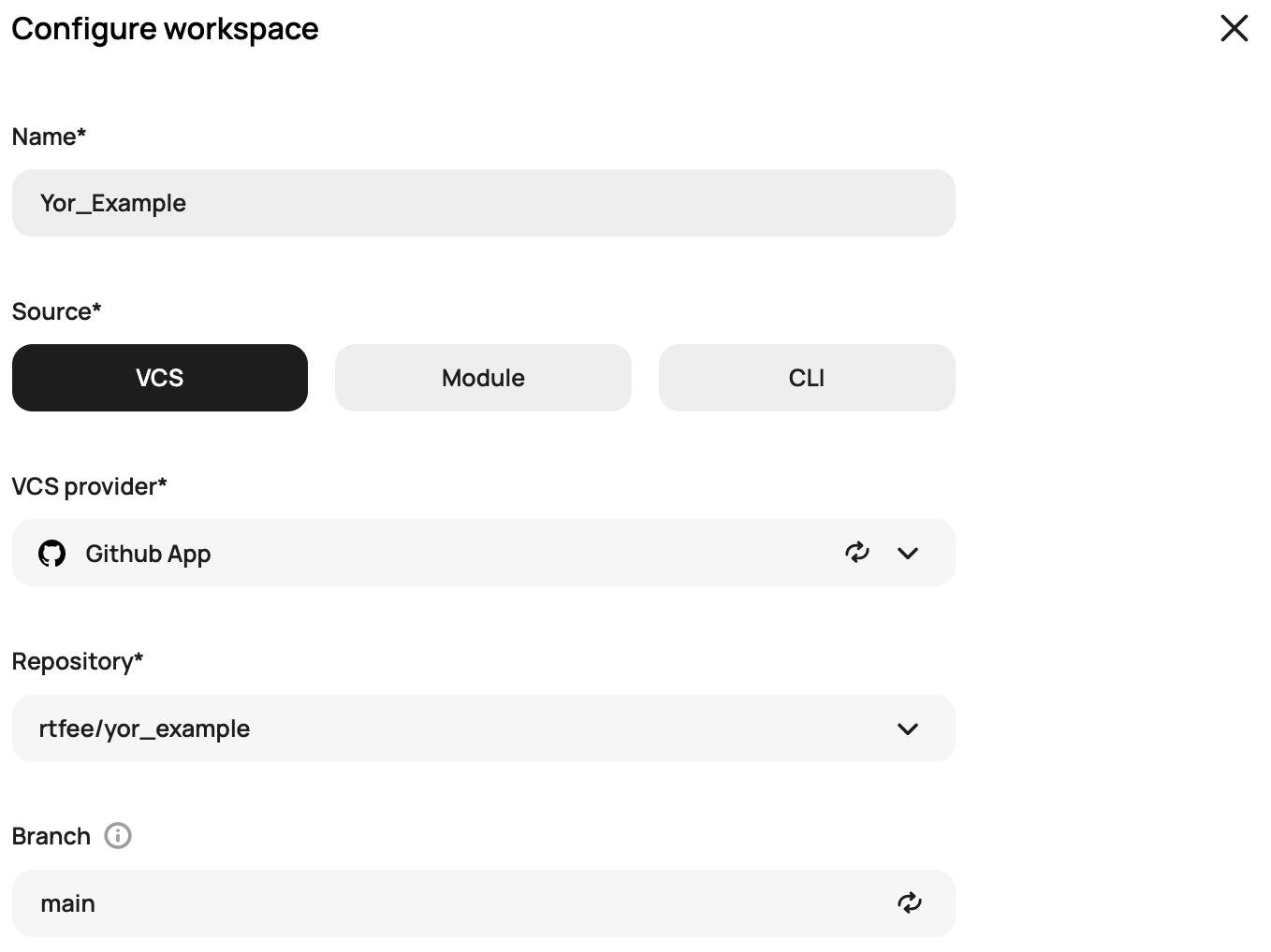 Scalr workspace creation form with VCS provider and repository linked to the new code
