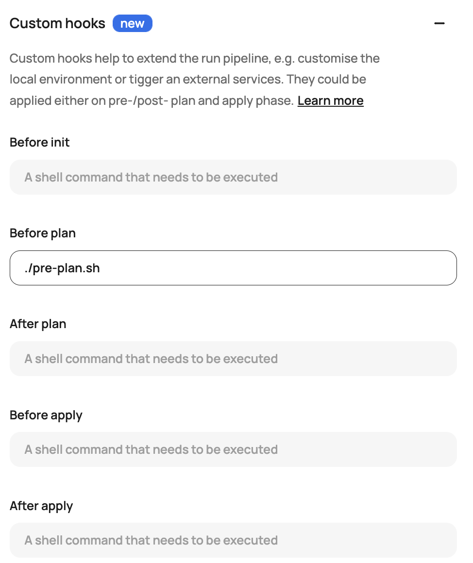 Scalr custom hooks dropdown with pre-plan.sh added to the before plan hook