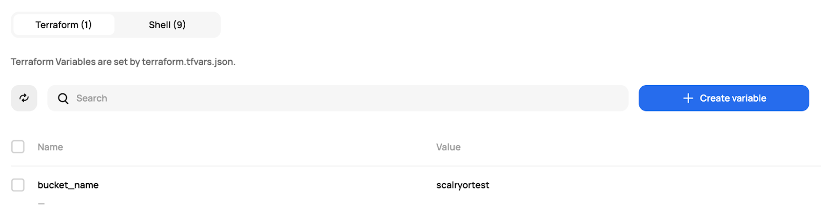 Scalr variables configuration prompting for the bucket_name input variable