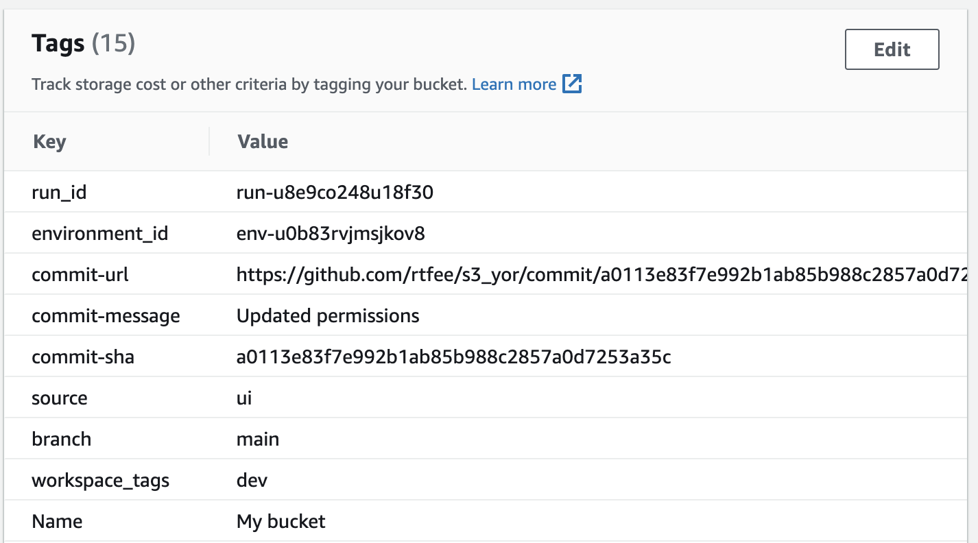 AWS console showing the deployed S3 bucket tagged via Yor in the Scalr pipeline